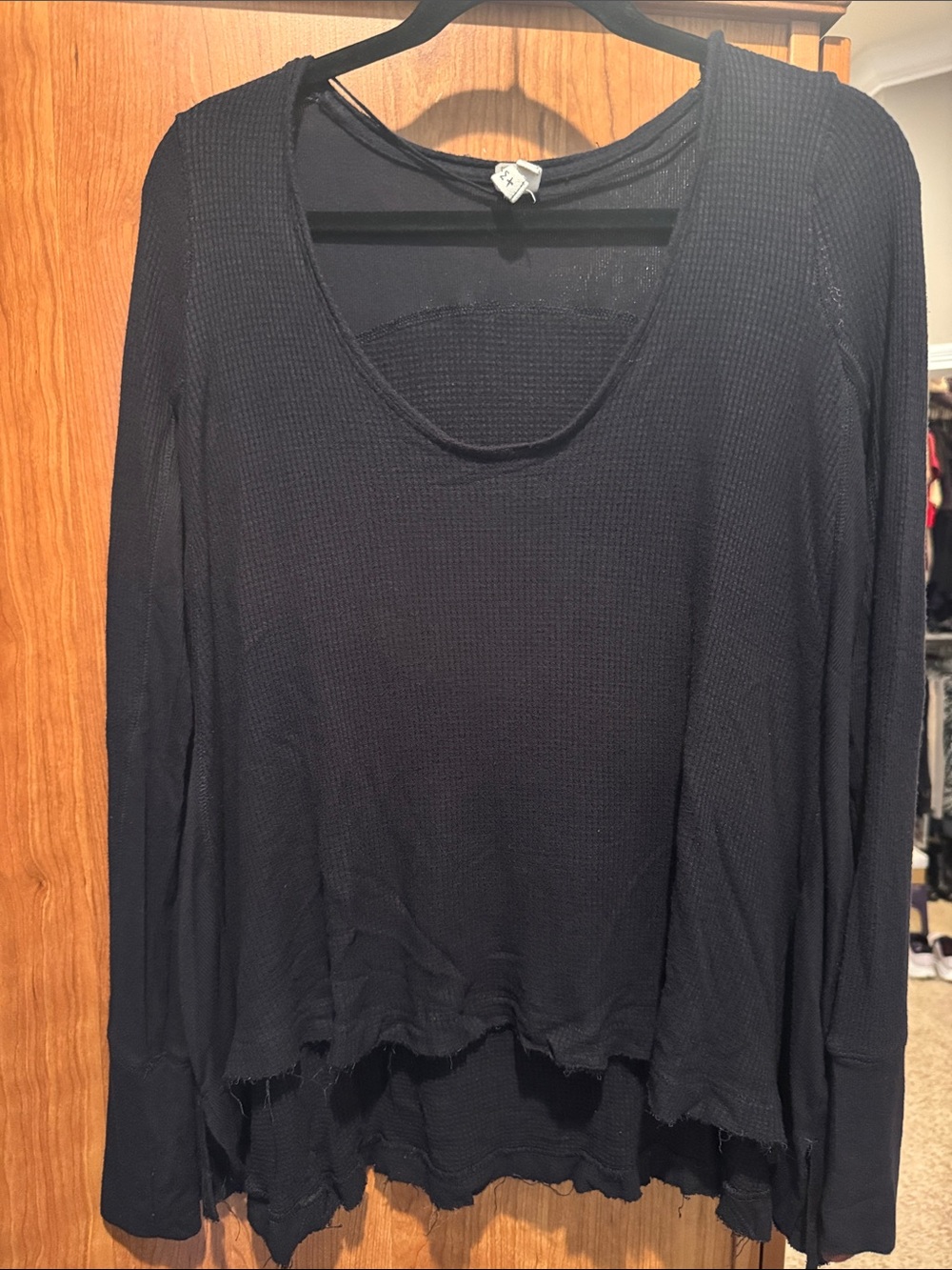 We The Free Black Waffle-Knit Long Sleeve Scoop Top